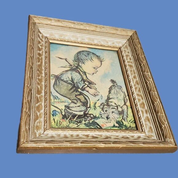 Framed wall Picture Boy with Dogs Puppies Playing Outside Jean Bukac Lithographs - Picture 1 of 4